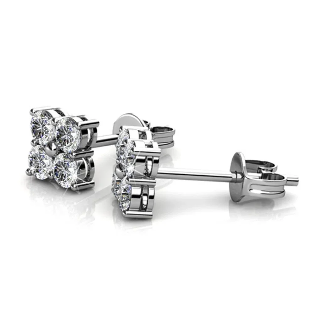 Square Flower Diamond Stud Earrings Australian Crystals - Picture 5 of 5